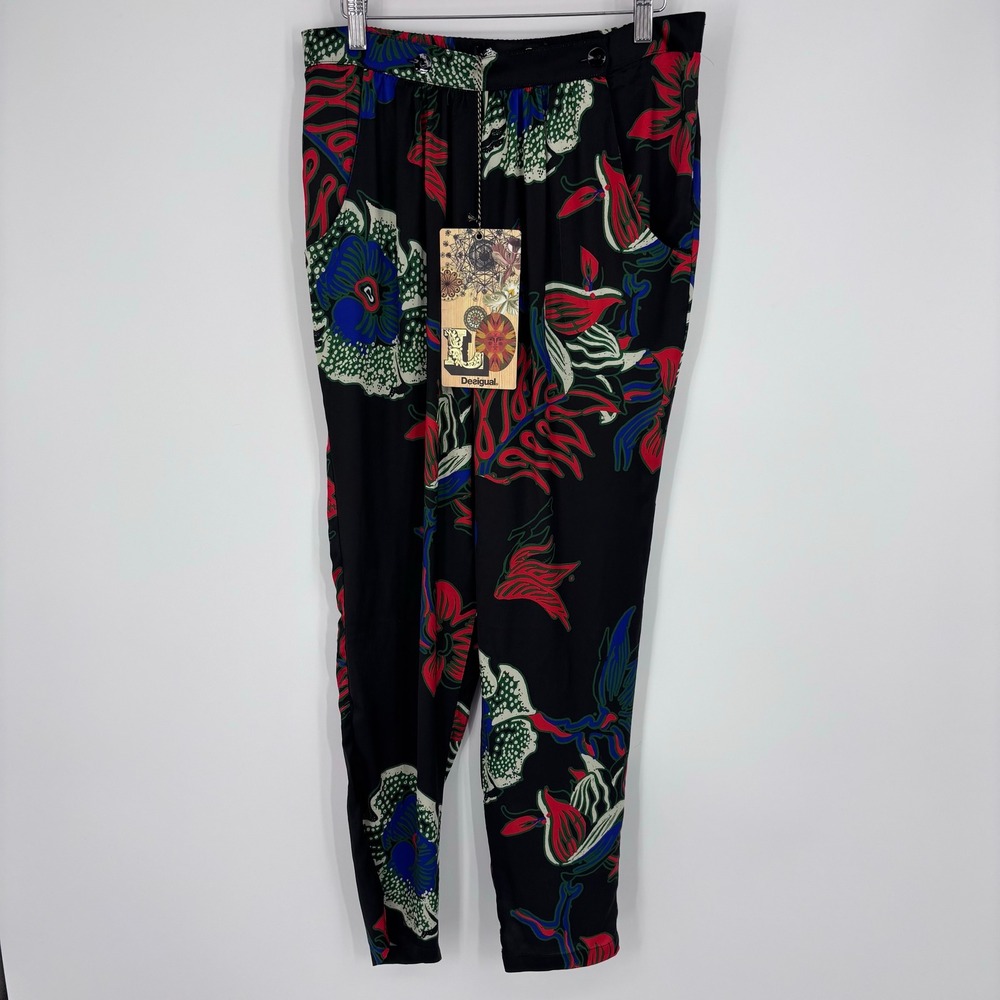 Desigual x Christian Lacroix Floral Print Tapered Trousers Size 32 Black Pants